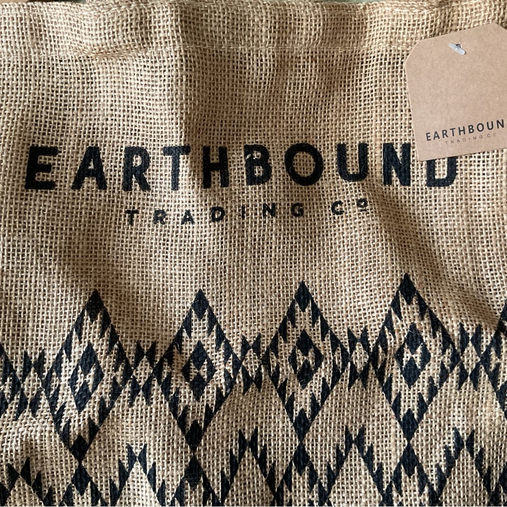 Earthbound Trading Co. Jute Burlap Tote Bag NWT Southwestern Print Tan / Black